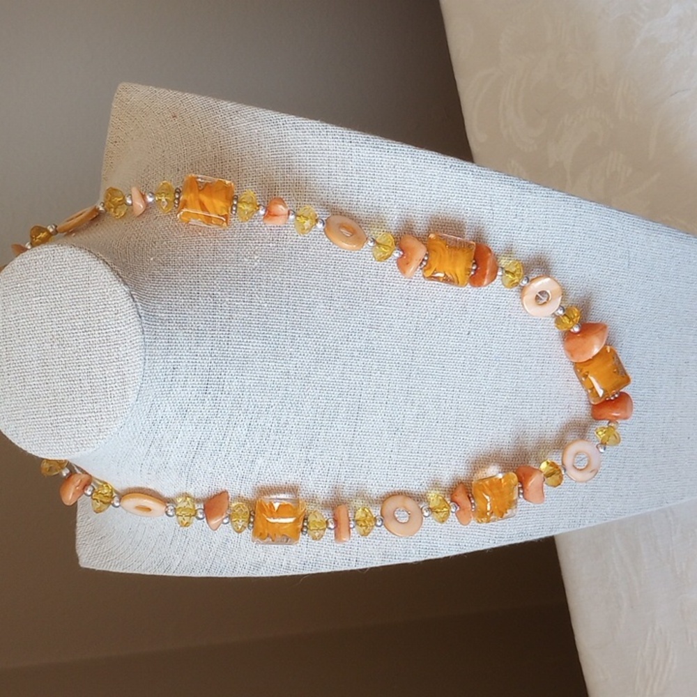 Yellow Orange Art Glass mother of pearl and acrylic faceted beads necklace